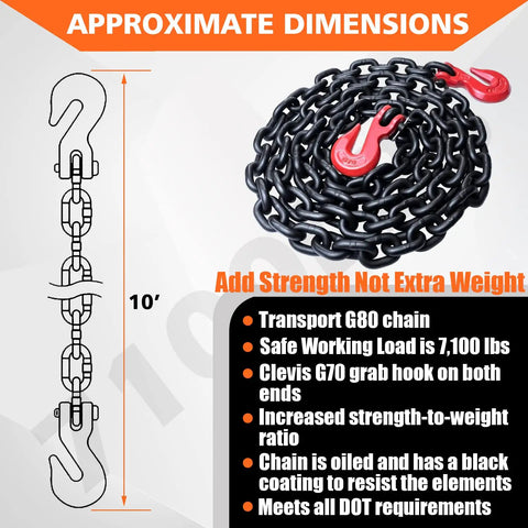 G80 Heavy Duty Binder Chain 3/8 Inch By 10 Foot With Clevis Grab Hooks 7100 Lbs Safe Working Load, coiled with dimensions