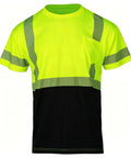 Men High Visibility Safety Tee Featuring Heat Bonded Reflective Strips Short Sleeve Work Shirt in neon yellow and black with chest pocket.