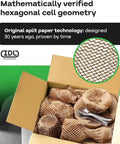 Four Pack Of 1400 Foot Honeycomb Kraft Paper Refills With 15 Inch Width for cushioning, shown in a box with utensils.
