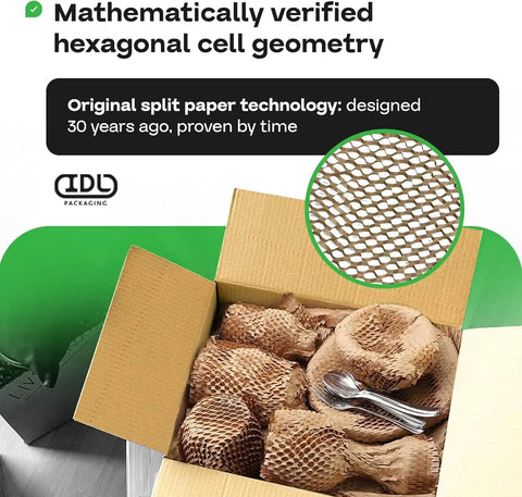 Four Pack Of 1400 Foot Honeycomb Kraft Paper Refills With 15 Inch Width for cushioning, shown in a box with utensils.