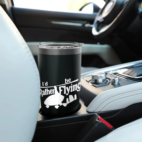 Gyrocopter Gyroplane Pilot Stainless Steel Insulated Tumbler in a car cup holder, showing dual-wall design for autogyro fans.