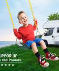 Child swinging on Swing Seat With 66 Inch Anti Rust Chains Thermoplastic Coated Supports 250 Lb Heavy Duty Cushion Accessories