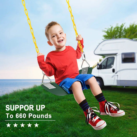 Child swinging on Swing Seat With 66 Inch Anti Rust Chains Thermoplastic Coated Supports 250 Lb Heavy Duty Cushion Accessories