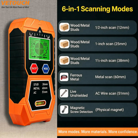 No Sweat 7 In 1 Wall Scanner And Stud Finder That Sniffs Out Wood Metal AC Wire And Iron Fasteners Behind Drywall Features Bright LCD Screen Instant Audio Chirp Integrated Bubble Level And Bullseye Precision For Flawless Diy Upgrades