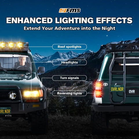 Toyota Licensed LC80 One Tenth Scale Brushless RC Crawler with KC HiLiTES in mountainous terrain at night