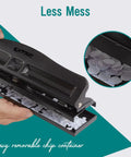 Workhorse 3 Hole Punch For Binders Heavy Duty Metal Hole Puncher with removable chip tray showcasing paper chips and rubber base