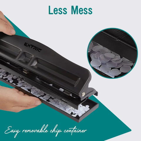 Workhorse 3 Hole Punch For Binders Heavy Duty Metal Hole Puncher with removable chip tray showcasing paper chips and rubber base