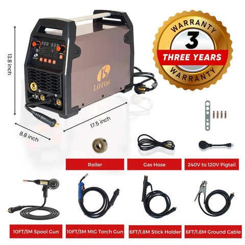 Hot Rodder's Dream 180 Amp Multi Process Welding Machine display with hoses and accessories, showcasing dimensions and design features.