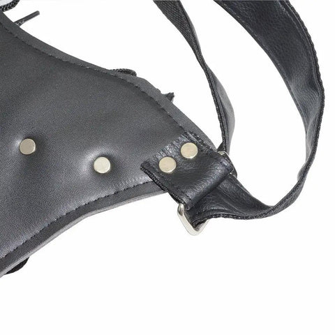 Close-up of Lightweight PU Sword Carry Bag With Back Strap Waistband For Ninja Cosplay showing adjustable straps and rivets.