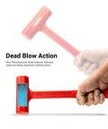 Hand holding Slim Dead Blow Hammer Set showcasing low rebound action, highlighting interior shot-filled design, Made in USA.