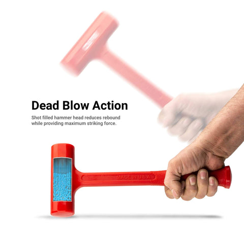 Hand holding Slim Dead Blow Hammer Set showcasing low rebound action, highlighting interior shot-filled design, Made in USA.