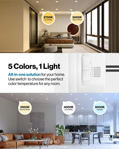 Room showcasing Six Pack Retrofit LED Recessed Lighting 4 Inch Kit, 3000K Warm White, with different color temperatures.