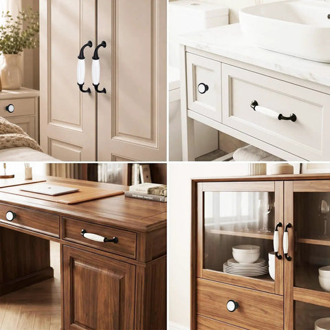 Slick Farmhouse Cabinet Knobs And Pulls Set 12 Piece Hardware Kit Featuring 5 Inch Center To Center Spacing on cabinets and vanities.