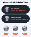 Image showing rear axle puller and forward hub puller dimensions with 4-lug, 5-lug, and 6-lug views from 9-Way Slide Hammer Puller Set 15 Piece Car Repair Toolkit For Front Wheel Hubs And Rear Axle Bearings Gears And Pulleys Includes 4.3 Lb Hammer Dent Pulling Press Fit Part Remover Kit With Carry Box.