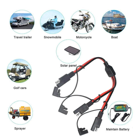 14 AWG SAE DC Power Automotive Connector Cable Y Splitter 1 To 2 SAE Extension Cable For Solar Battery Connection And Transfer 12 Inch 30 Cm With Protective Cover Versatile All Purpose Use, shown with RV, motorcycle, boat, solar panel, and battery applications