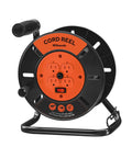 Heavy Duty Extension Cord Storage Reel With Four Grounded Outlets Built Tough Hand Wind Retractable Reel For 12/3 14/3 16/3 Gauge Cords 15 Amp Circuit Breaker ETL Listed Orange on stand
