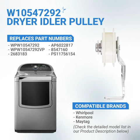 Dryer Idler Pulley Replacement For Whirlpool Maytag Kenmore Dryers Easy Install No Brainer Durable Aftermarket Part Replaces 8547160 WPW10547292 AP6022817 PS11756154
