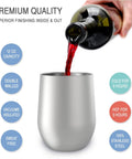 Stainless Steel Double Wall Vacuum Insulated Wine Tumblers Keeping Icy Cold Beverages Chilled Or Piping Hot Coffee For Trail Blazing Tailgates And Backyard Hangs With Secure Lids Straws And Dishwasher Ease, 12oz capacity with red wine pouring.