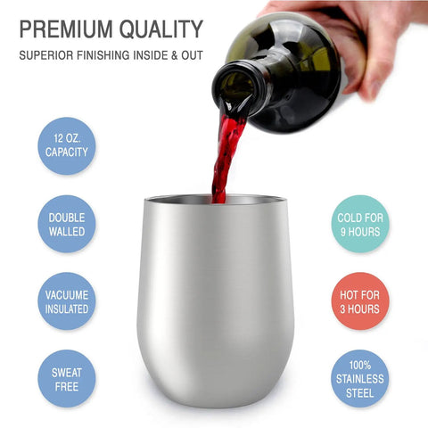 Stainless Steel Double Wall Vacuum Insulated Wine Tumblers Keeping Icy Cold Beverages Chilled Or Piping Hot Coffee For Trail Blazing Tailgates And Backyard Hangs With Secure Lids Straws And Dishwasher Ease, 12oz capacity with red wine pouring.