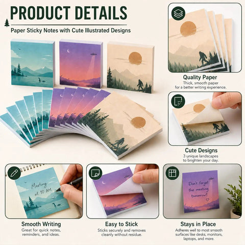 Cryptid And Space Sticky Notes Set Of 12 Three By Three Inch Self Stick Memo Pads With Four Each Bigfoot Nessie And UFO Designs