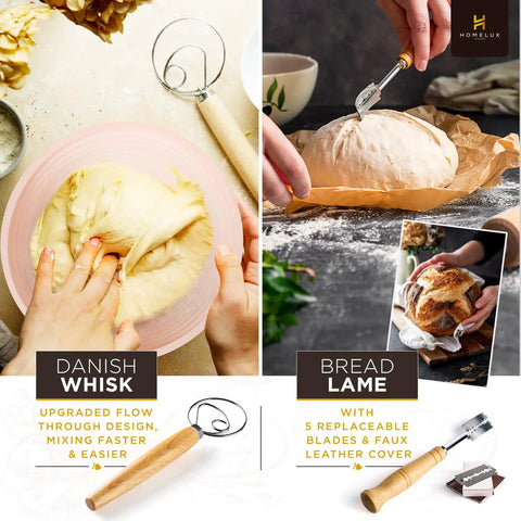 Ultimate Sourdough Starter Kit With Banneton Proofing Baskets 14 Piece Bread Making Set showing Danish whisk and bread lame in use.
