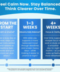 Infographic showing benefits of powerful mood boost nootropic blend over time; includes calm, mood balance, focus, clarity timelines.