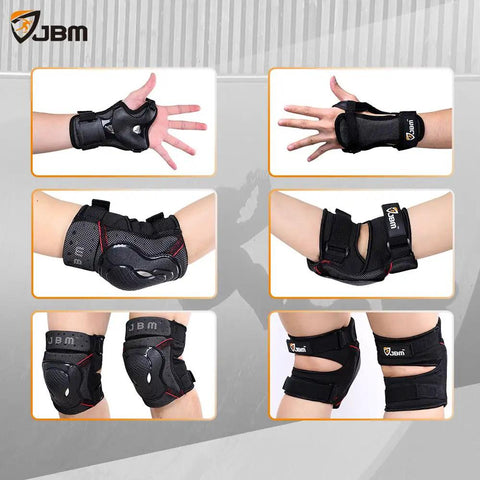 Adult And Youth Knee Pads Elbow Pads With Wrist Guards Protective Gear Set showing black gear with straps and shells