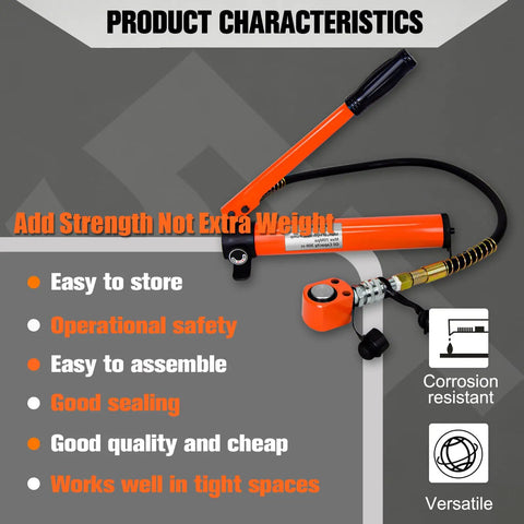 Beefy 10 Ton Low Profile Hydraulic Cylinder Jack Porta Power Ram with orange handle and pump, ideal for tight spaces