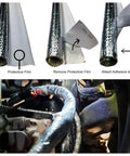 Heavy-Duty Self-Wrap Aluminum Heat Shield Sleeve With Side Entry For Hoses Wiring Harnesses And Cables In Automotive Exhaust, 39 Inch Length, Temperature Range -40C To 150C, Oil Resistant, 25 Percent Overlap, High Temp Sleeve applied to engine hoses and cables.