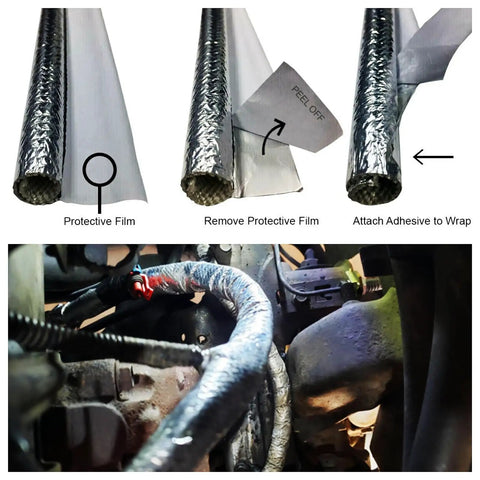 Heavy-Duty Self-Wrap Aluminum Heat Shield Sleeve With Side Entry For Hoses Wiring Harnesses And Cables In Automotive Exhaust, 39 Inch Length, Temperature Range -40C To 150C, Oil Resistant, 25 Percent Overlap, High Temp Sleeve applied to engine hoses and cables.