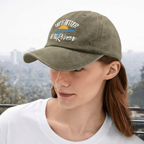 Life Is Better By The River Quote Baseball Hat For Men, Dope Camping Ready Cap worn by woman outdoors.