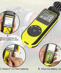 Handy Portable Handheld Anemometer Wind Speed Meter 1.5 To 93 MPH With 0.1 Resolution, Indoor Outdoor Air Flow Gauge For HVAC Balancing And Drone Pilots, Switches Between MPH Knots KMH And Meters Per Second. Yellow handheld cup anemometer with AAA battery cover open