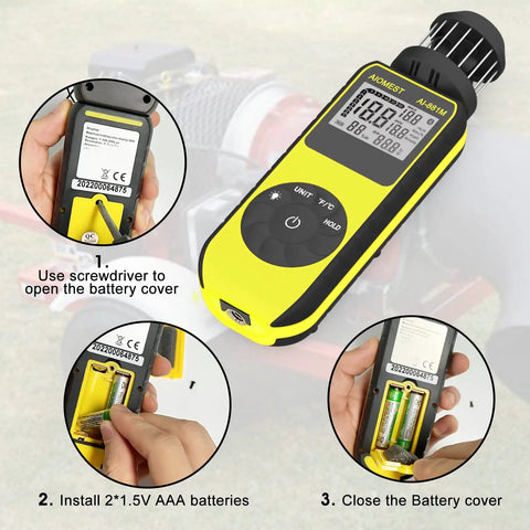 Handy Portable Handheld Anemometer Wind Speed Meter 1.5 To 93 MPH With 0.1 Resolution, Indoor Outdoor Air Flow Gauge For HVAC Balancing And Drone Pilots, Switches Between MPH Knots KMH And Meters Per Second. Yellow handheld cup anemometer with AAA battery cover open