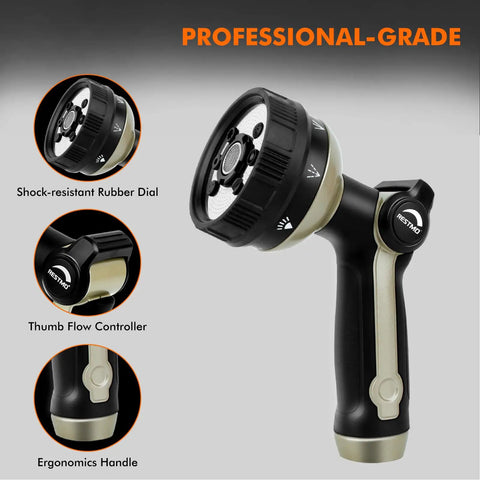 Heavy Duty Metal Hose Nozzle With 8 Spray Patterns And Thumb Control For Lawn Care Car Wash Pet Bathing And Outdoor Watering Bronze Finish Zinc Alloy Construction For Durability And Flexibility with ergonomic handle