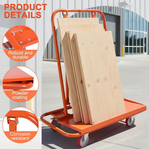Heavy Duty Glass Flatbed Handcart with Detachable Plasterboard Panels, orange frame, large wheels, for warehouses and factories