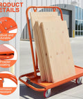 Heavy Duty Drywall Trolley Equipped With Ball Bearing Swivel Wheels For Quick Job Site Hauling And Easy Material Moving High Capacity Platform Cart For Contractor Crews And Movers holding stacked wooden panels on a construction site.