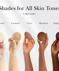 Silicone Nipple Covers With Travel Case Reusable Nipple Pasties With Skin Safe Adhesive No Bra Needed Under Clothing For Backless Dresses Bridesmaid Gowns Camisoles And Swimwear Creme Size 1 Fits A Cups in five skin tone shades shown on hands.