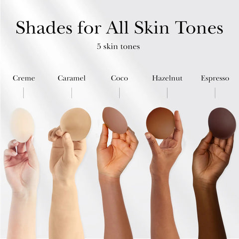 Silicone Nipple Covers With Travel Case Reusable Nipple Pasties With Skin Safe Adhesive No Bra Needed Under Clothing For Backless Dresses Bridesmaid Gowns Camisoles And Swimwear Creme Size 1 Fits A Cups in five skin tone shades shown on hands.