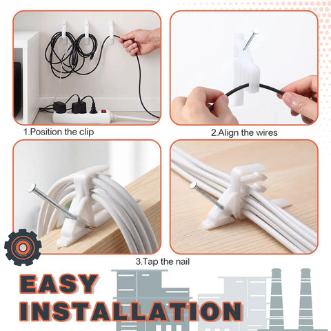 200 Piece Cable Management Kit With Steel Nails And White Wire Clips showing easy installation steps for organizing cables.