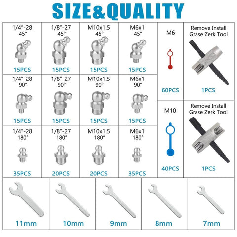 337 Piece SAE And Metric Grease Fittings Replacement Kit With One Quarter Inch And One Eighth Inch Zerk Fittings, M6 And M10, Straight, Forty Five And Ninety Degree, Plastic Fitting Caps, Wrench Kit Seven To Eleven Millimeter, Two Piece Red Multi Tools image showing contents and tools