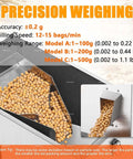 Automatic Digital Filling Machine With Precision Scale And Foot Pedal For Coffee Beans Seeds Powder Packaging showing precision weighing with soybeans.
