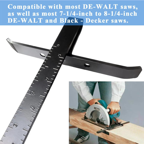 Solid Rip Fence Guide Kit That Upgrades DeWalt Circular Saws, showing steel guide with measuring scale for precise cutting.