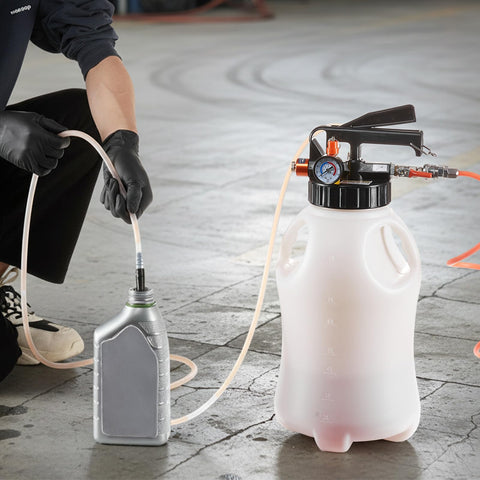 Pneumatic Transmission Fluid Pump 8 L Oil Fluid Extractor And ATF Refill Dispenser With 15 Adapters in use, HDPE Tank