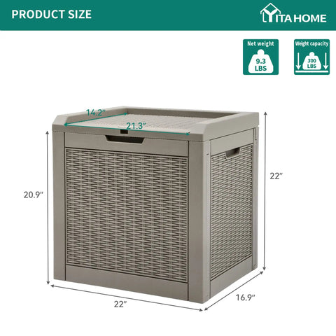 32 Gallon Rattan Deck Box With Lockable Lid And Side Handles, brown outdoor storage chest dimensions on display