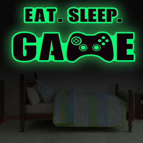 Glow in the dark Eat Sleep Game wall decal above bed, Gamer Vibe Wall Decal For Boys Room And Kids Bedroom Decor