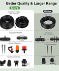Comparison of Automatic Drip Irrigation Kit with 5 Sprayers, multiple tubing sizes and connectors versus standard kit.