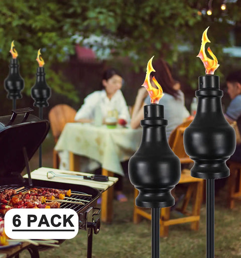Six Pack Metal Citronella Torches For Outdoor Use 60 Inch Black Garden Yard Lights With Easy Refill Upgraded Design in patio