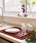 Christmas Dish Drying Mat For Kitchen Counter With Retro Red Wood Grain, Ultra Absorbent Microfiber, 18x24 inches with dishes