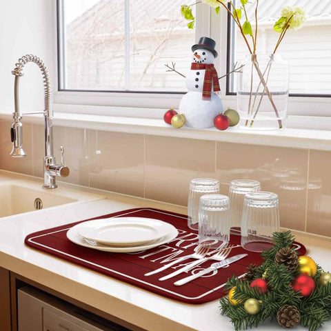 Christmas Dish Drying Mat For Kitchen Counter With Retro Red Wood Grain, Ultra Absorbent Microfiber, 18x24 inches with dishes
