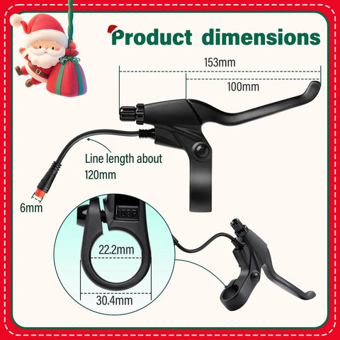 Two-Pin Electric Bicycle Brake Levers for E-Bike, Left and Right Pair, 12cm Cable Length, 22.2mm Handlebar Compatible, size details